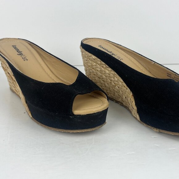 Laundry List Wedge Sandals Size 8.5 EU 39 Black Beige Fabric Heel 3.5in Open Toe - Picture 1 of 6